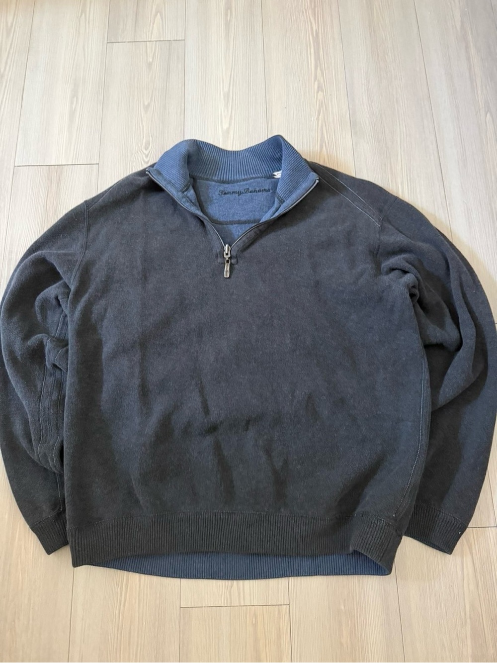 Tommy Bahama Men's Dark Gray Zip-Neck Sweater with Navy Trim